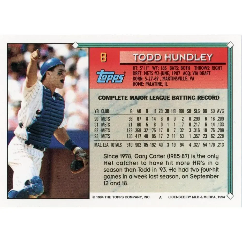 1994 Topps Todd Hundley # 8 New York Mets